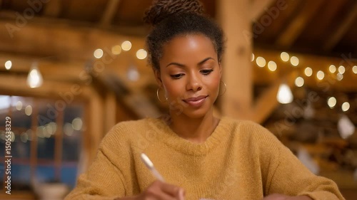 Young African American Woman Writing in Journal at Cozy, Warm-Lit Cabin Table