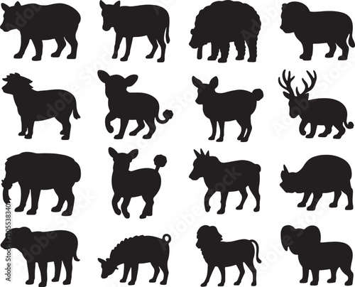 Silhouettes of various animals farm pets wildlife