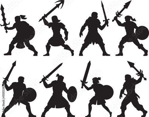 Silhouettes of warriors fighting with swords and shields