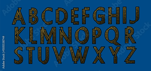 Decorative golden alphabet with oriental pattern on a blue background. Luxurious uppercase monogram letters in an elegant and intricate style, ideal for premium branding, invitations, or digital art.