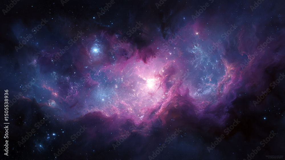 Fototapeta premium A vibrant nebula in deep space with bright stars, cosmic clouds, and colorful gas creating a beautiful and magical celestial scene