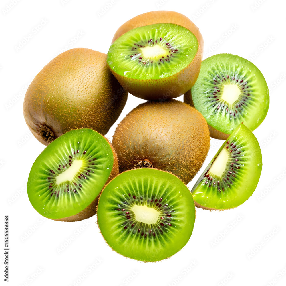Fototapeta premium Sliced fresh kiwi fruit on white background, close-up, vibrant green color, high-resolution food photo