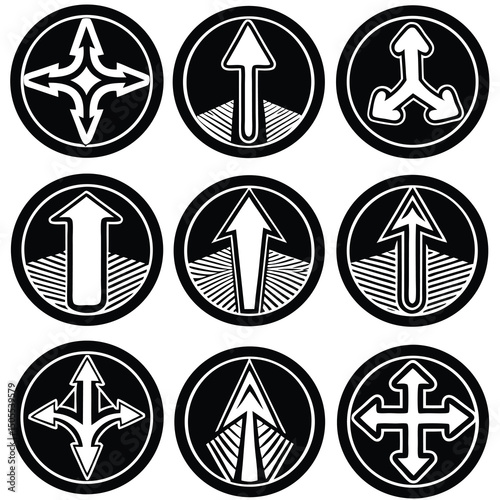 A set of nine black and white circular arrow icons pointing in different directions symbolizing choices and movement vector illustration