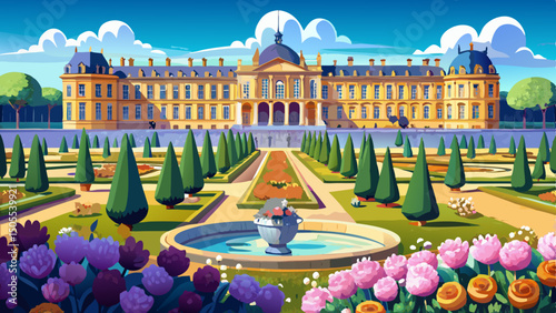 Versailles Palace and its elegant gardens shine in spring, just outside Paris, France. Blooming flowers, trimmed hedges, and grand architecture create a timeless scene of beauty and grandeur.


