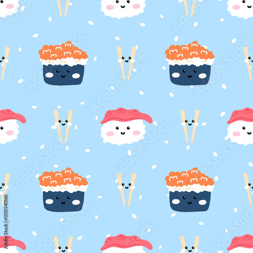 Adorable seamless pattern featuring sushi, fish, and maki rolls in pastel kawaii style. Great for wallpapers, textiles, and food-themed products
