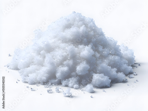A detailed close-up of a mound of coarse white sea salt crystals, isolated on a clean, bright white background for culinary concepts