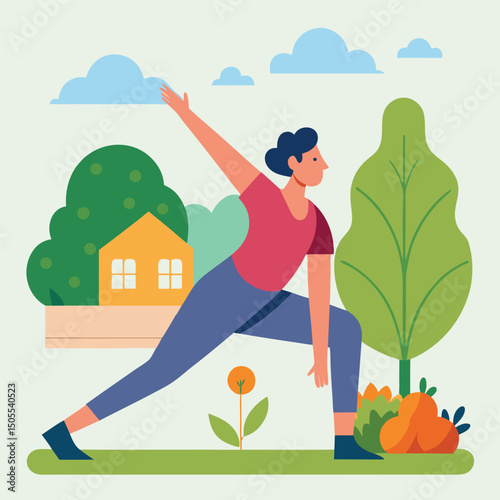 Yoga and farming garden stretch practice vector illustration