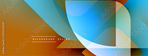 Abstract geometric shapes overlap, creating vibrant color gradients. Design features warm browns, cool blues, soft whites. Modern aesthetic.