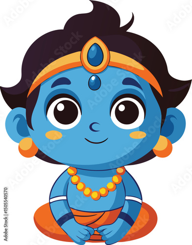 Adorable cartoon illustration of lord krishna in meditative pose with jewelry