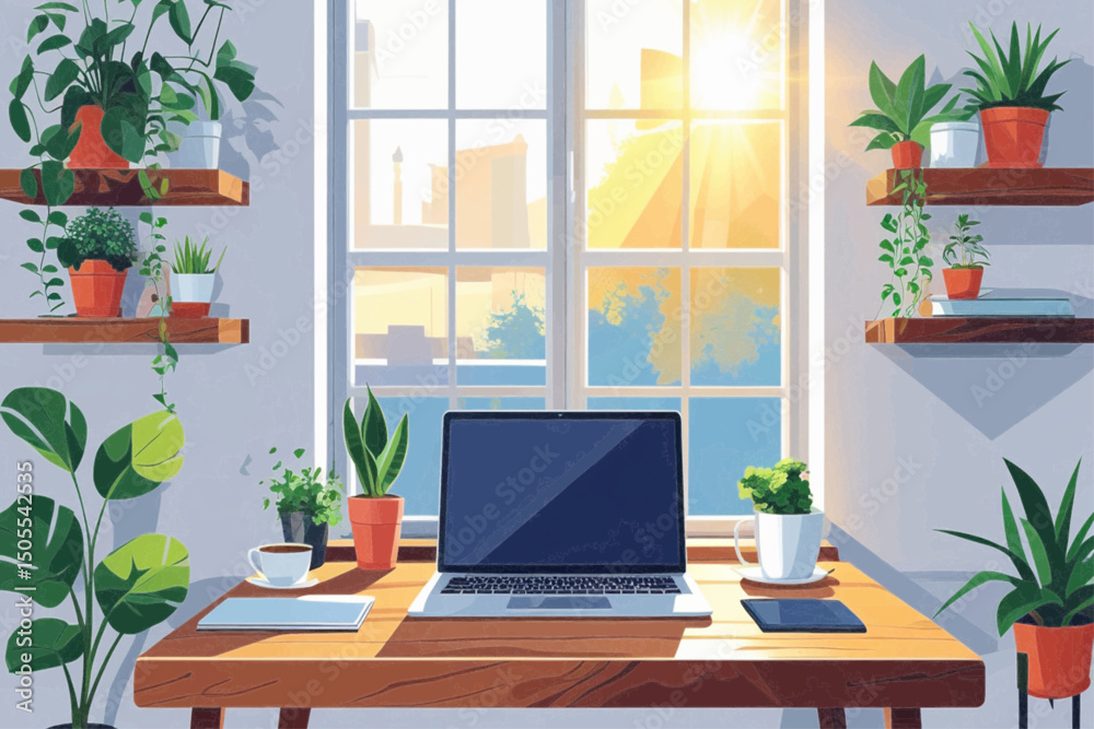 Fototapeta premium A contemporary home office space with modern decor, indoor plants, and natural sunlight streaming through the window. A minimal and clean workspace setup with a digital device on a desk, designed for 