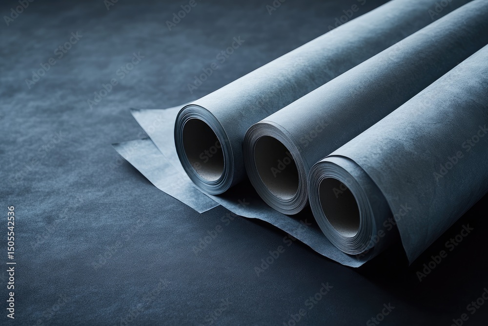 Fototapeta premium Three rolls of grayish-blue paper or fabric, stacked on a dark surface