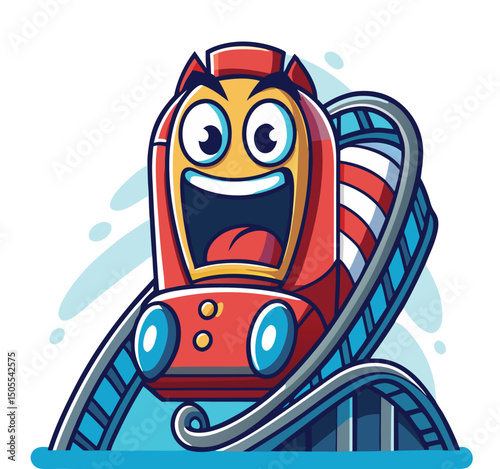 Cartoon illustration of a roller coaster train with expressive face and thrill