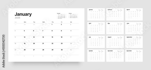 Monthly calendar layout for 2026 year. Diary planner for 2026 year. Week Starts on Sunday. 