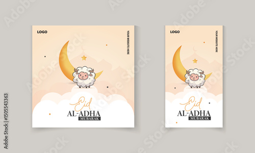 Eid Al Adha mubarak social media post, greeting card design with cute sheep, moon, stars Vector