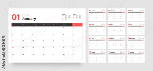 Monthly calendar layout for 2026 year. Diary planner for 2026 year. Week Starts on Sunday. 
