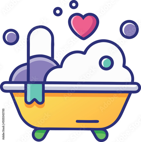 Colorful cartoon bathtub with foam and heart bubbles for relaxation and love