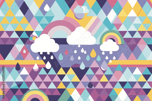 Colorful geometric weather illustration with rainbows clouds and transparent raindrops