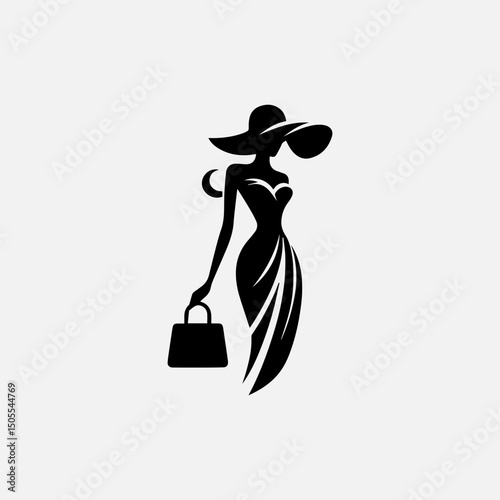 Modern fashion logo of graceful woman silhouette wearing stylish hat and carrying designer bag