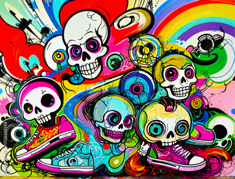 Naklejka premium Funky hip-hop urban graffiti art featuring playful, vibrant skulls in bold acid colors. A psychedelic and humorous twist — perfect for streetwear graphics, digital covers, and bold creative design.