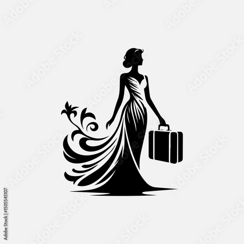 Modern fashion logo of graceful woman silhouette wearing stylish hat and carrying designer bag