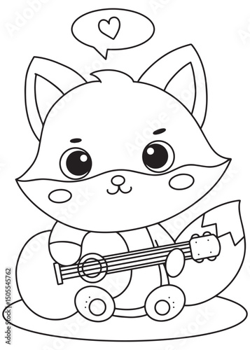 Coloring book fox playing the guitar with a heart bubble