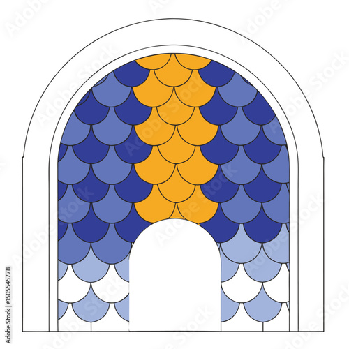 Decorative archway design featuring a stylized pattern of blue and orange scales on transparency.