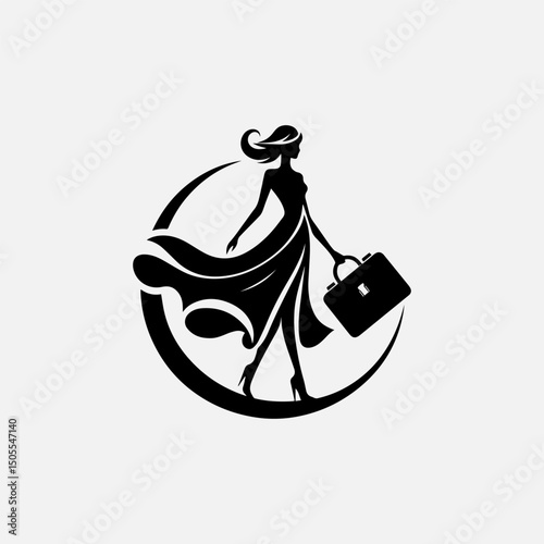 Sophisticated female silhouette with wide-brimmed hat and designer handbag in minimalist black vector style