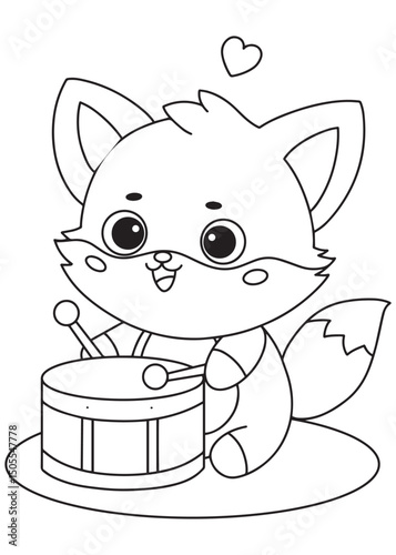 Coloring book fox with a happy smile beats a drum, spreading music and cheer 