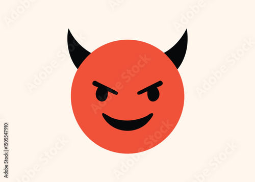 Playful red devil emoji with black horns and a sincere grin on a light background