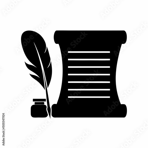 Vintage Writing Feather Quill and Scroll Vector Logo.
