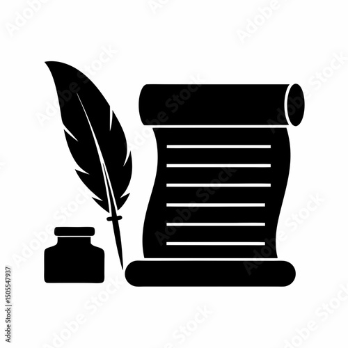 Vintage Writing Feather Quill and Scroll Vector Logo.