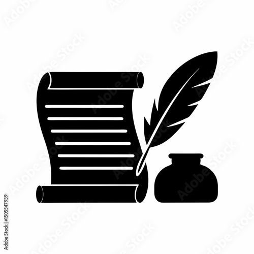 Vintage Writing Feather Quill and Scroll Vector Logo.