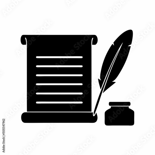 Vintage Writing Feather Quill and Scroll Vector Logo.
