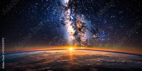 sunrise on the edge of earth in space with milky way in the background