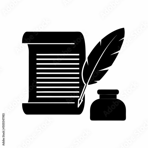 Vintage Writing Feather Quill and Scroll Vector Logo.