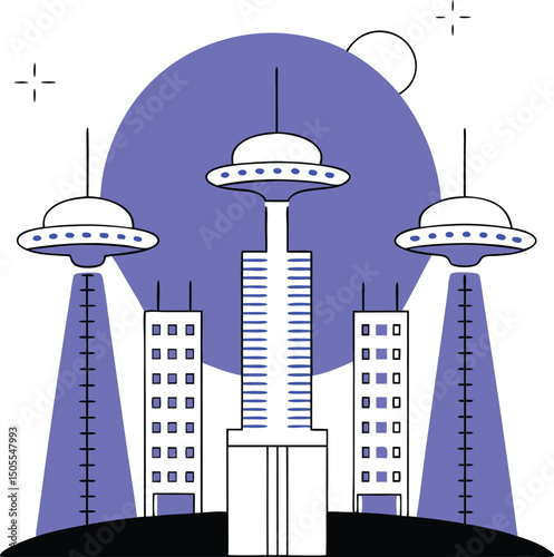 Futuristic cityscape with ufos illustration representing science fiction and alien encounter concepts