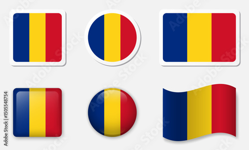 Flag of Romania icons collection. Flat stickers and 3d glass vector elements on white background.