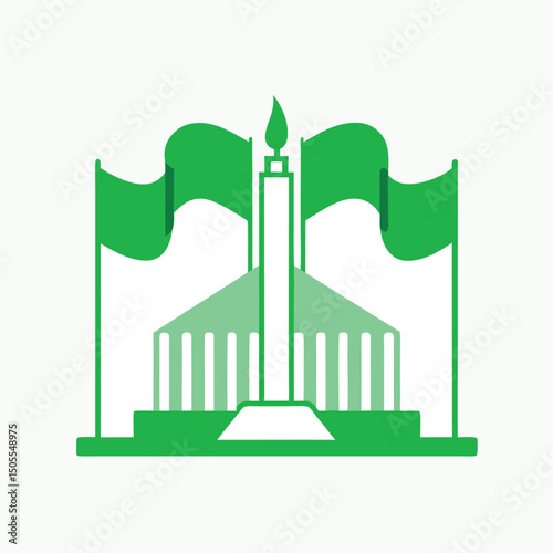 Green graphic illustration of monument building with flags and candle flame