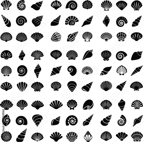 Large collection of black seashell icons