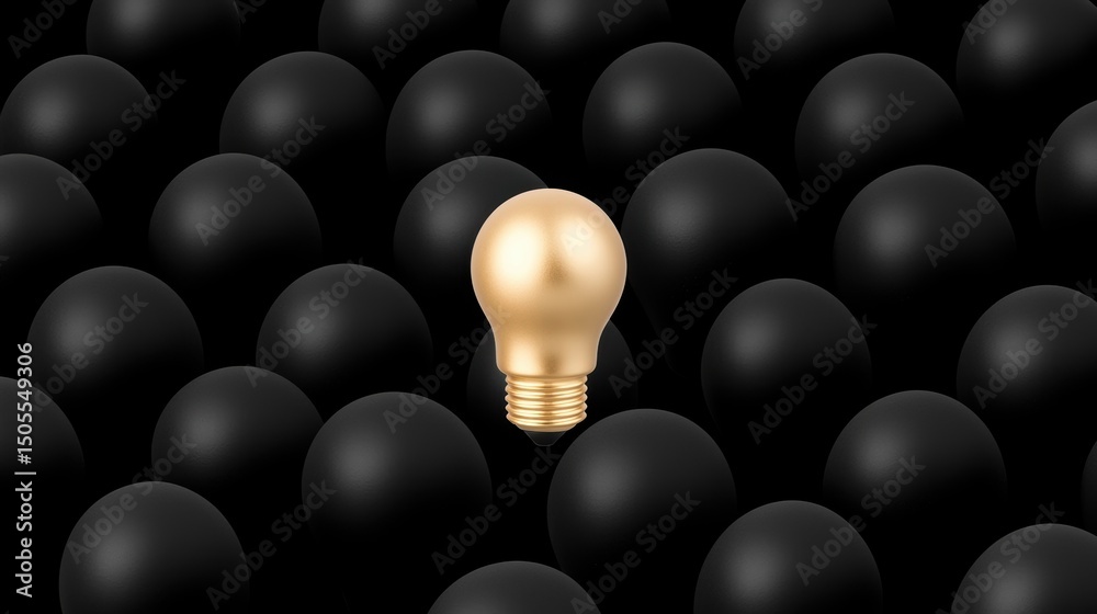 Contrast uniqueness standing out, Symbol of Concept Variety and difference. An illuminated light bulb stands out among a sea of black spheres, symbolizing uniqueness and innovation. Contrast uniqueness standing out, Symbol of Concept Variety and difference. An illuminated light bulb stands out among a sea of black spheres, symbolizing uniqueness and innovation.