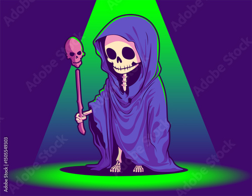 Halloween Cartoon Character. Cute Grim Reaper Cartoon Character. Halloween Skeleton in robe. Spooky and horror Element design for banner, poster, flyer. Grim reaper illustration. Death symbol