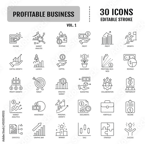Profitable business icon collection. Containing profit, income, revenue, sales, cash flow icon. Simple line vector