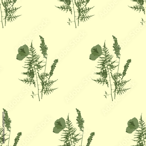 Seamless pattern with bunches of different grass and herbs. Floral cottagecore background. Dry herbarium plants wallpaper. Eco botanical texture