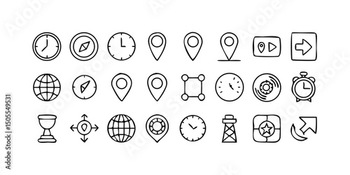 set icon Time, date and location icon set in line style, Containing hourglass, pin, stopwatch, calendar, clock, gps point, flag point, globe point and more, vector illustration