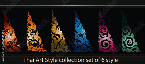 thai art Corner pattern set of 6 style icon vector.