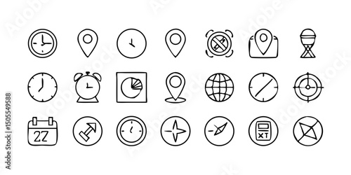 set icon Time, date and location icon set in line style, Containing hourglass, pin, stopwatch, calendar, clock, gps point, flag point, globe point and more, vector illustration