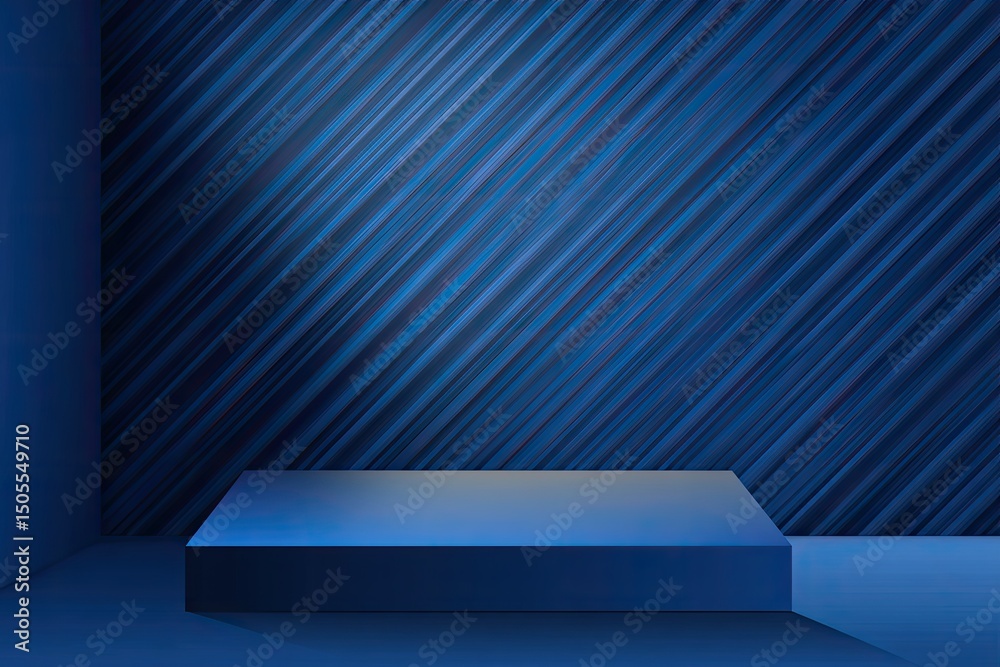 Obraz premium A minimalist blue platform sits on a dark blue, diagonally-striped backdrop, illuminated by a subtle light source
