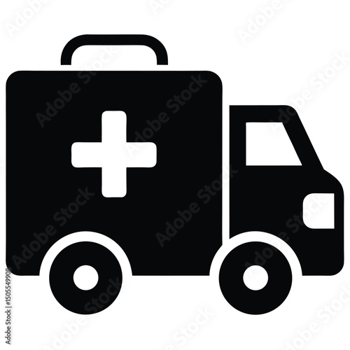 Ambulance Icon Black Silhouette of Emergency Vehicle Featuring White Cross Symbol for Medical Aid