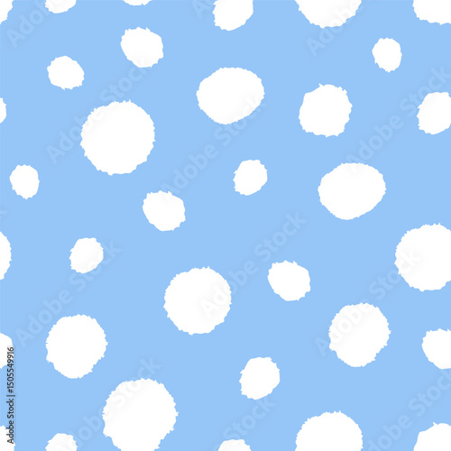 Irregular white polka dot pattern on blue background. Seamless vector design element.