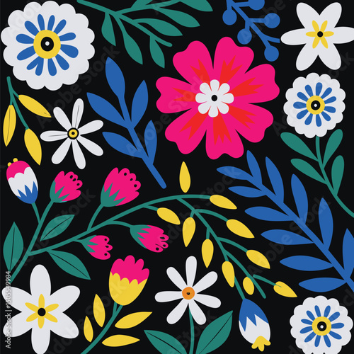 Wallpaper Mural Vibrant floral seamless pattern with colorful blooms and leaves on a dark background. Torontodigital.ca